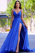 Royal Blue V-Neck Prom Dress with Slit BM bride