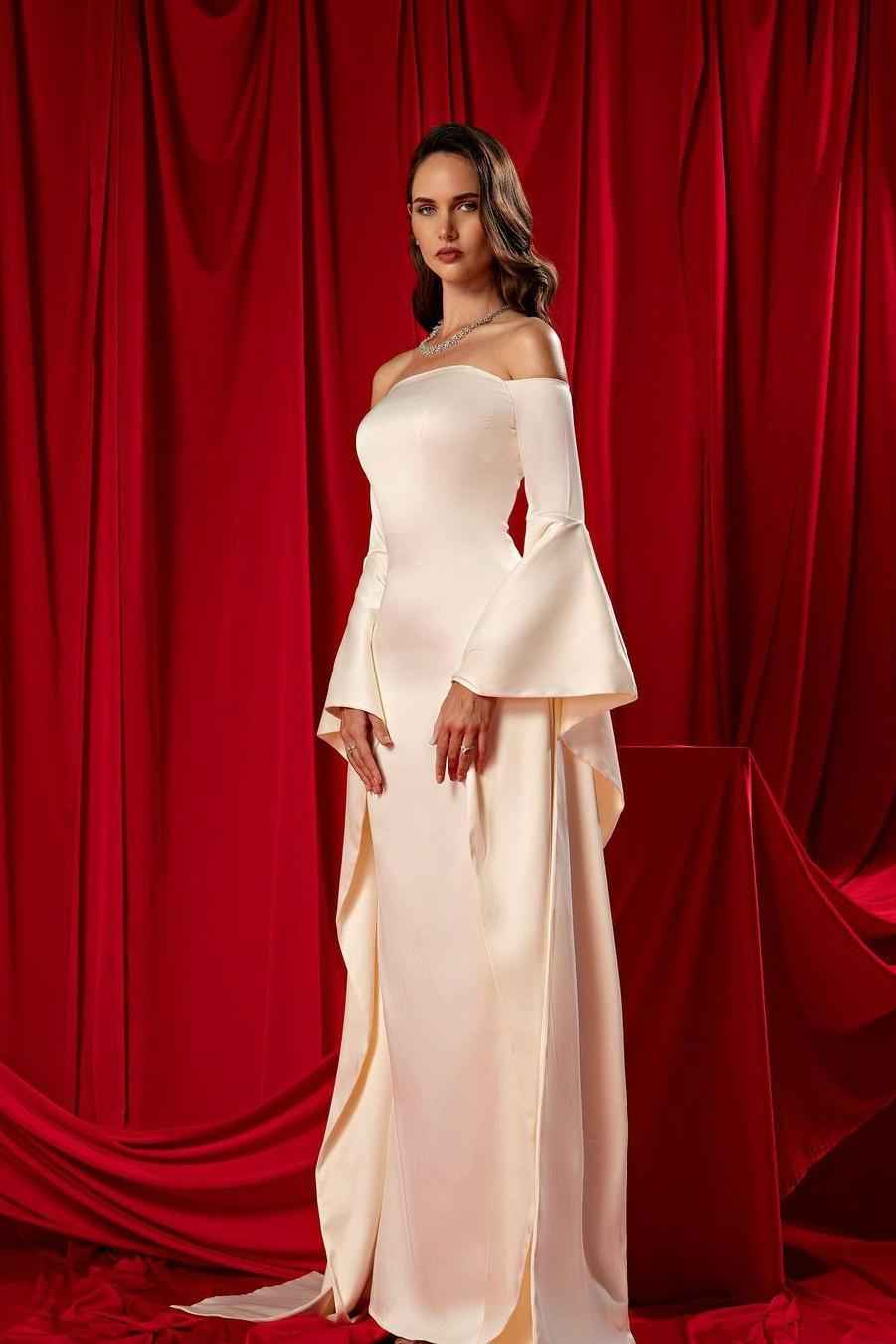 Off the Shoulder Strapless Long Sleeves Long Prom Dress With Ruffles