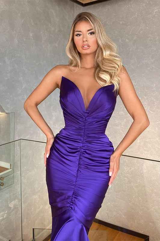 Chic Mermaid Sweetheart Strapless Sleeveless Prom Dress Long With Pleated