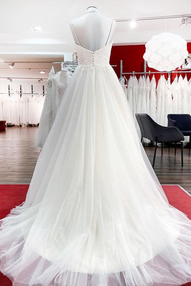 Sweetheart Long A-Line Spaghetti Strap Wedding Dress with Tulle Lace BM bride