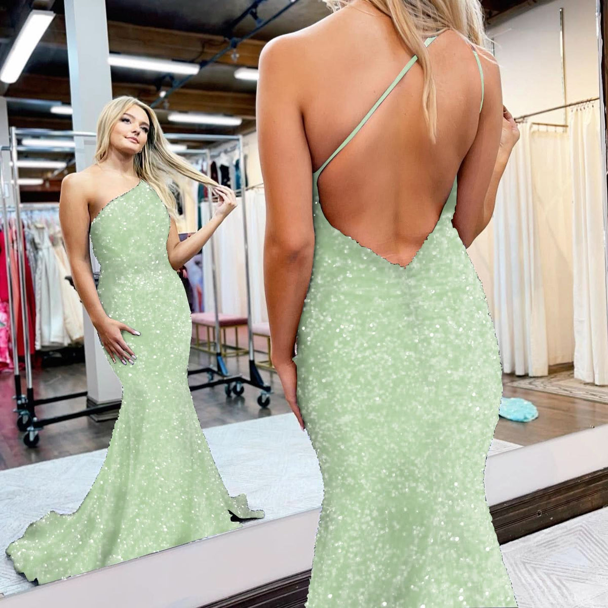 Royal Blue One-Shoulder Sequined Mermaid Prom Dress BM bride