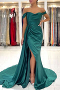 Dark Green Off-the-Shoulder Mermaid Long Prom Dress with Split and Ruffles BM bride