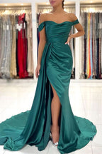 Dark Green Off-the-Shoulder Mermaid Long Prom Dress with Split and Ruffles BM bride