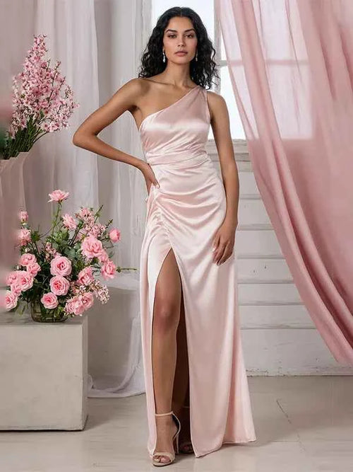 Evening Dress Pink One Shoulder Pleated High Slit Mermaid Fishtail Dress BMBRIDE