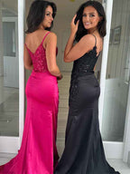Sparkly Fuchsia Mermaid Spaghetti Straps Sequins Long Prom Dress with Slit