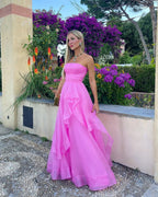 Beautiful Light Pink A-Line Strapless Organza Prom Dress BM bride