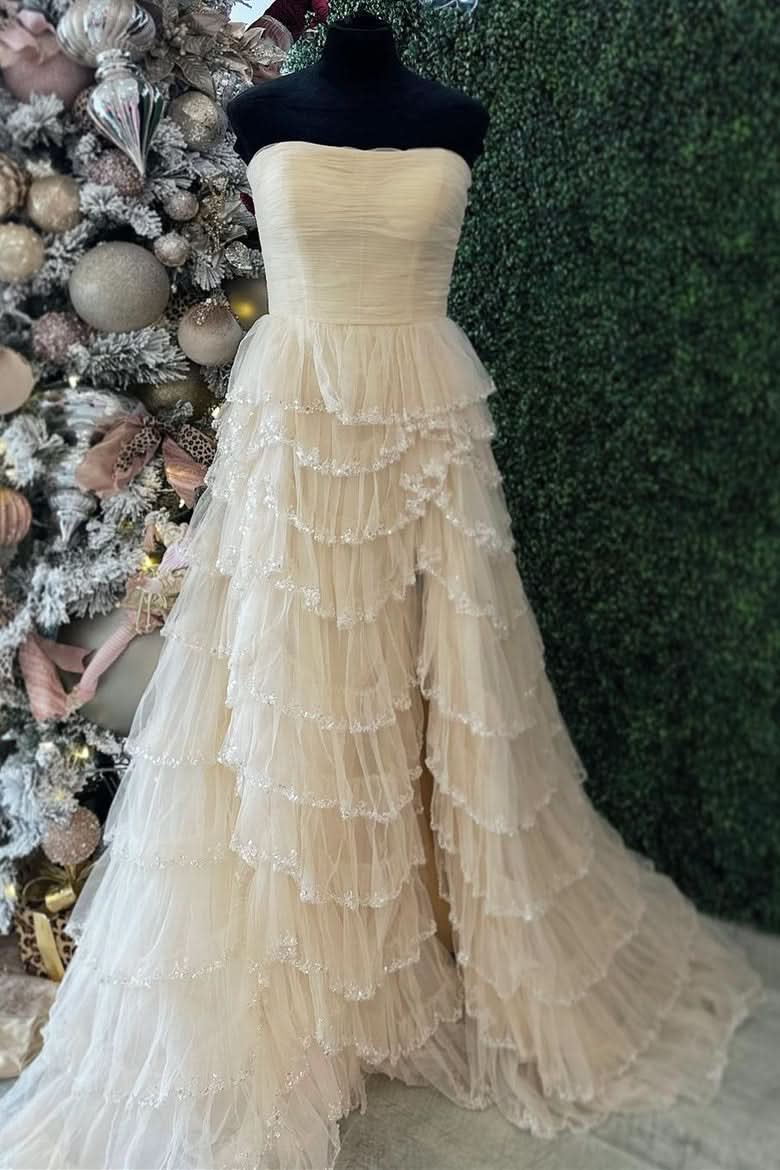 Delicate Light Blue Strapless Layered Tulle Prom Dress with Sequins BM bride