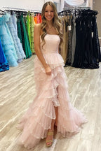 Delicate Light Blue Strapless Layered Tulle Prom Dress with Sequins BM bride