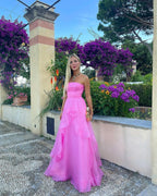 Beautiful Light Pink A-Line Strapless Organza Prom Dress BM bride