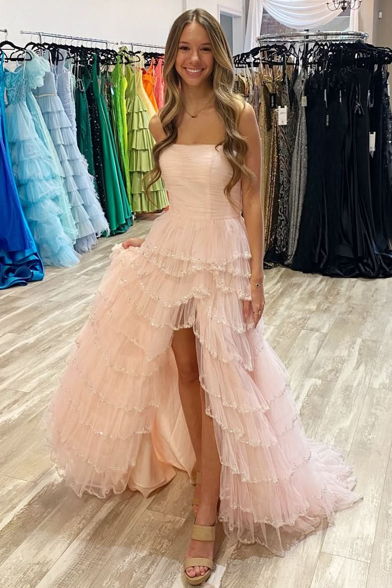 Delicate Light Blue Strapless Layered Tulle Prom Dress with Sequins BM bride