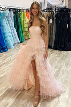 Delicate Light Blue Strapless Layered Tulle Prom Dress with Sequins BM bride