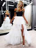 Chic Black and White A-Line Strapless Tiered Long Prom Dress BM bride