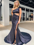 Unique One Shoulder Sparkly Black Mermaid Prom Dress BM bride