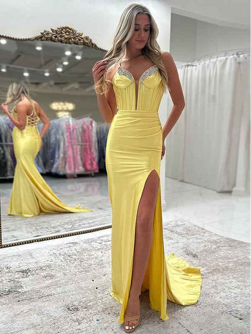 Yellow Mermaid Spaghetti Straps Lace Up Beaded Long Prom Dress with Slit BMBRIDE