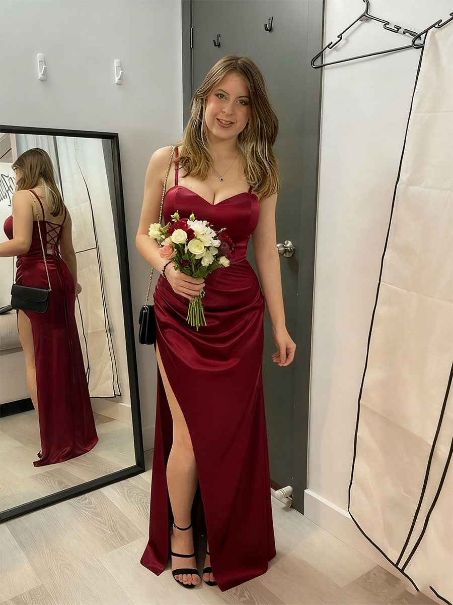 Burgundy Satin Spaghetti Strap Ruched Prom Dress with High Slit BMBRIDE