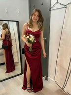 Burgundy Satin Spaghetti Strap Ruched Prom Dress with High Slit BMBRIDE