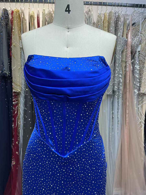 Mermaid Strapless Corset Bodice Long Prom Dress with Ruffle Slit BMBRIDE