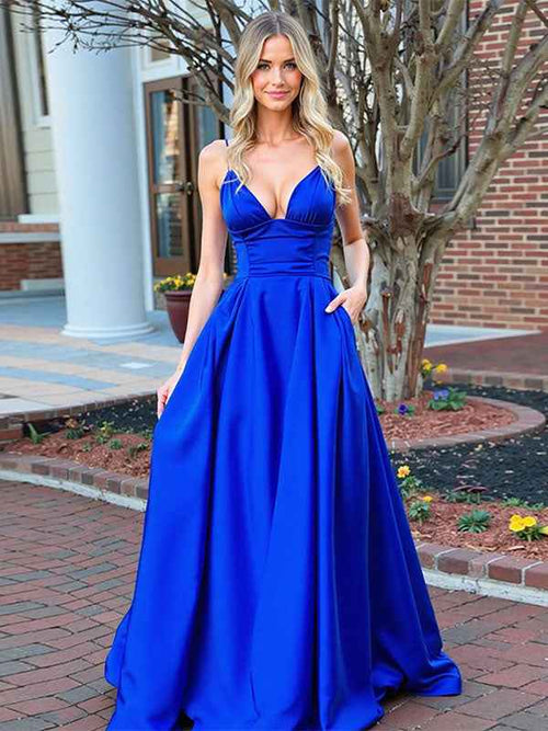 Royal Blue A-Line Spaghetti Straps Empire Waist Long Prom Dress BMBRIDE