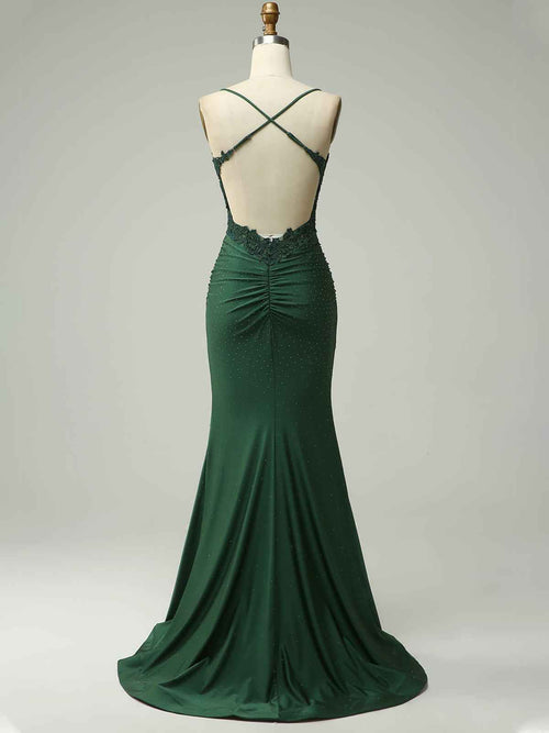Mermaid Halter Beaded Long Prom Dress with Appliques and Slit BMBRIDE
