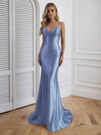 Blue Mermaid Spaghetti Straps V-Neck Rhinestone Prom Dress