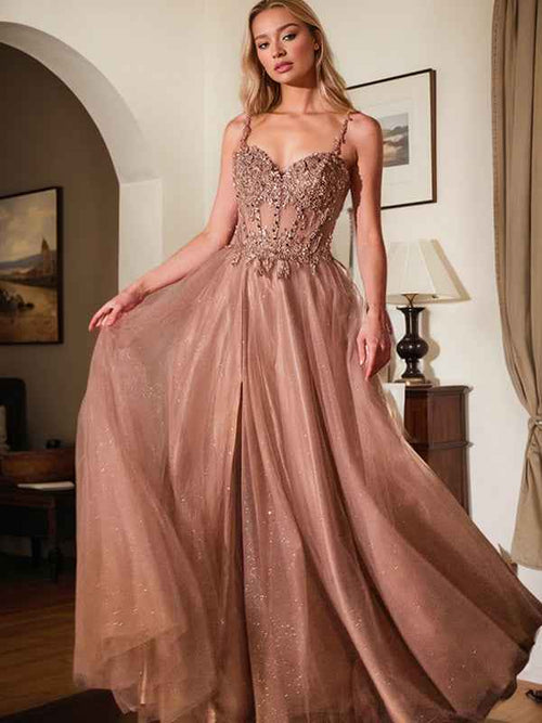 Rose Gold A Line Spaghetti Straps Long Prom Dress With Beadings BMBRIDE