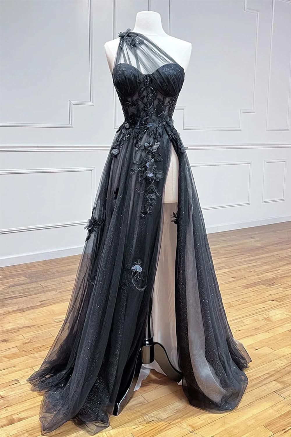 Elegant A-Line One Shoulder Black Long Prom Dress with Appliques BM bride