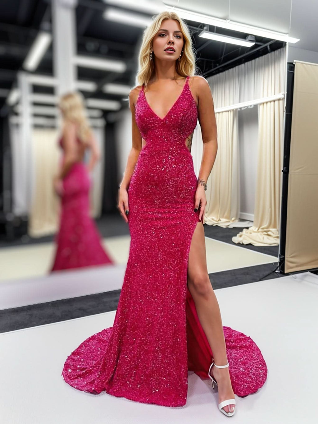 Striking Glitter Red Mermaid V Neck Cut Out Prom Dress with Slit BM bride