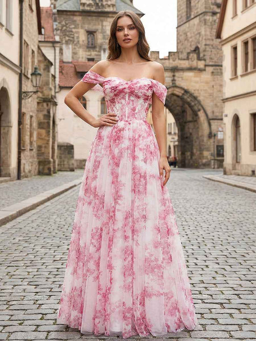 Pink Floral Off-the-Shoulder Corset A-Line Long Prom Dress BMBRIDE