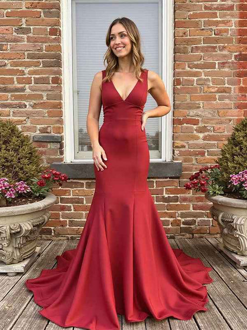 Red Mermaid Deep V Neck Satin Long Prom Dress with Bow BMBRIDE