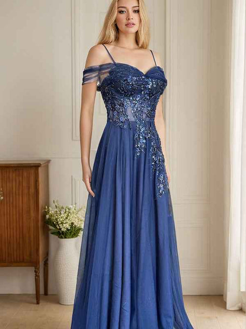 Dark Blue A Line Spaghetti Straps Long Prom Dress With Appliques BMBRIDE