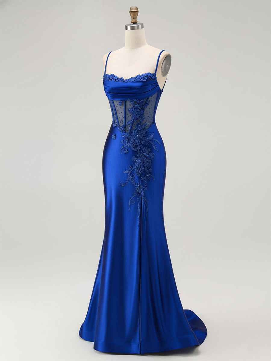Royal Blue Mermaid Beaded Appliqued Corset Prom Dress with Slit
