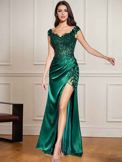 Green Sheath V Neck Long Appliqued Prom Dress With Slit BMBRIDE