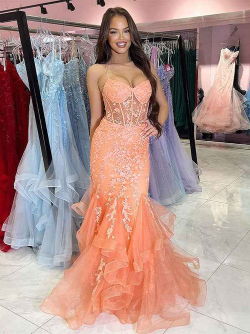 Orange Mermaid Spaghetti Tulle Tiered Long Prom Dress with Appliques BMBRIDE