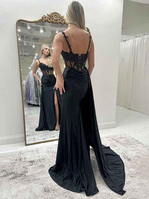 Black Mermaid Corset Side Cape Long Prom Dress with Slit BMBRIDE