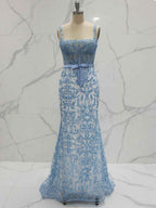 Blue Floral Sweetheart Spaghetti Straps Long Corset Prom Dress