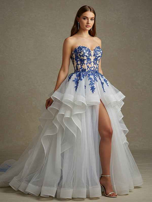 Ball-Gown/Princess V-Neck Off The Shoulder Sweep Train Tulle Prom Dress BMBRIDE