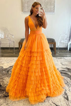 Charming A-Line Orange V-Neck Tulle Long Prom Dress BM bride