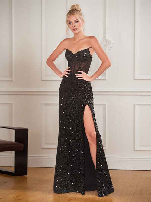 Black Sheath Sweetheart Long Corset Prom Dress With Slit BMBRIDE