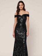 Black A Line Off-the-Shoulder Sequins Long Formal Dresses