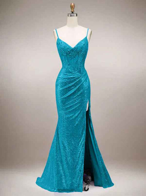 Green Mermaid Sparkly Spaghetti Straps Corset Long Prom Dress with Slit BMBRIDE