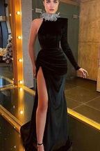 Black High Neck One Shoulder Mermaid Evening Dress with Slit Beadings and Long Sleeve BM bride