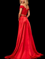 Off-the-Shoulder Two Pieces Prom Dress with Appliques and Slit BM bride