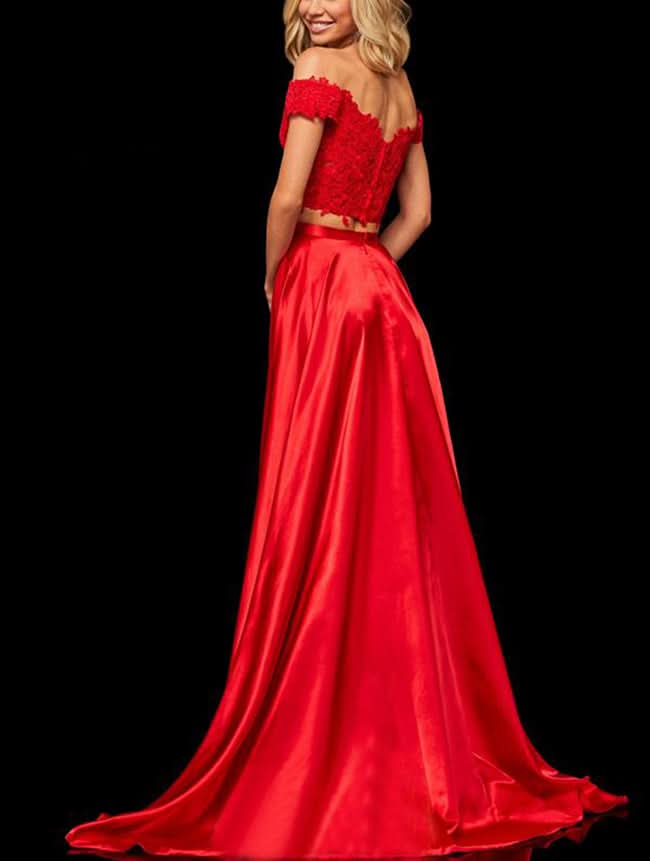 Off-the-Shoulder Two Pieces Prom Dress with Appliques and Slit BM bride