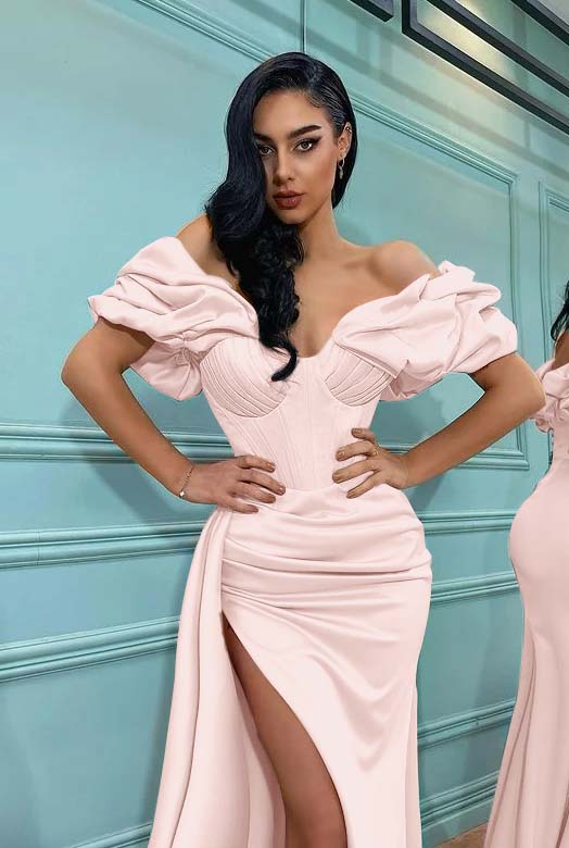 Pink Mermaid Off the Shoulder Sweetheart High Split Prom Dress With Pleated BMBRIDE