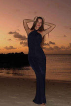 Halter Backless Sleeveless Long Mermaid Prom Dress With Pleated