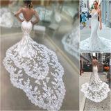 Spaghetti Strap Backless V-Neck Long Mermaid Wedding Dress with Lace BM bride