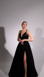 Shining Black Sequins Deep V Neck Spaghetti Strap Long Prom Dress With Split