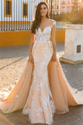 Cap Sleeve Sweetheart Mermaid Wedding Dress with Lace Appliques and Overskirt BM bride
