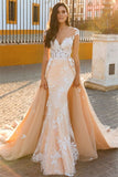 Cap Sleeve Sweetheart Mermaid Wedding Dress with Lace Appliques and Overskirt BM bride