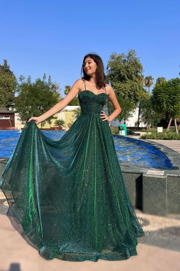 Fashion Green Spaghetti-Strap Shimmering A-Line Prom Dress BM bride